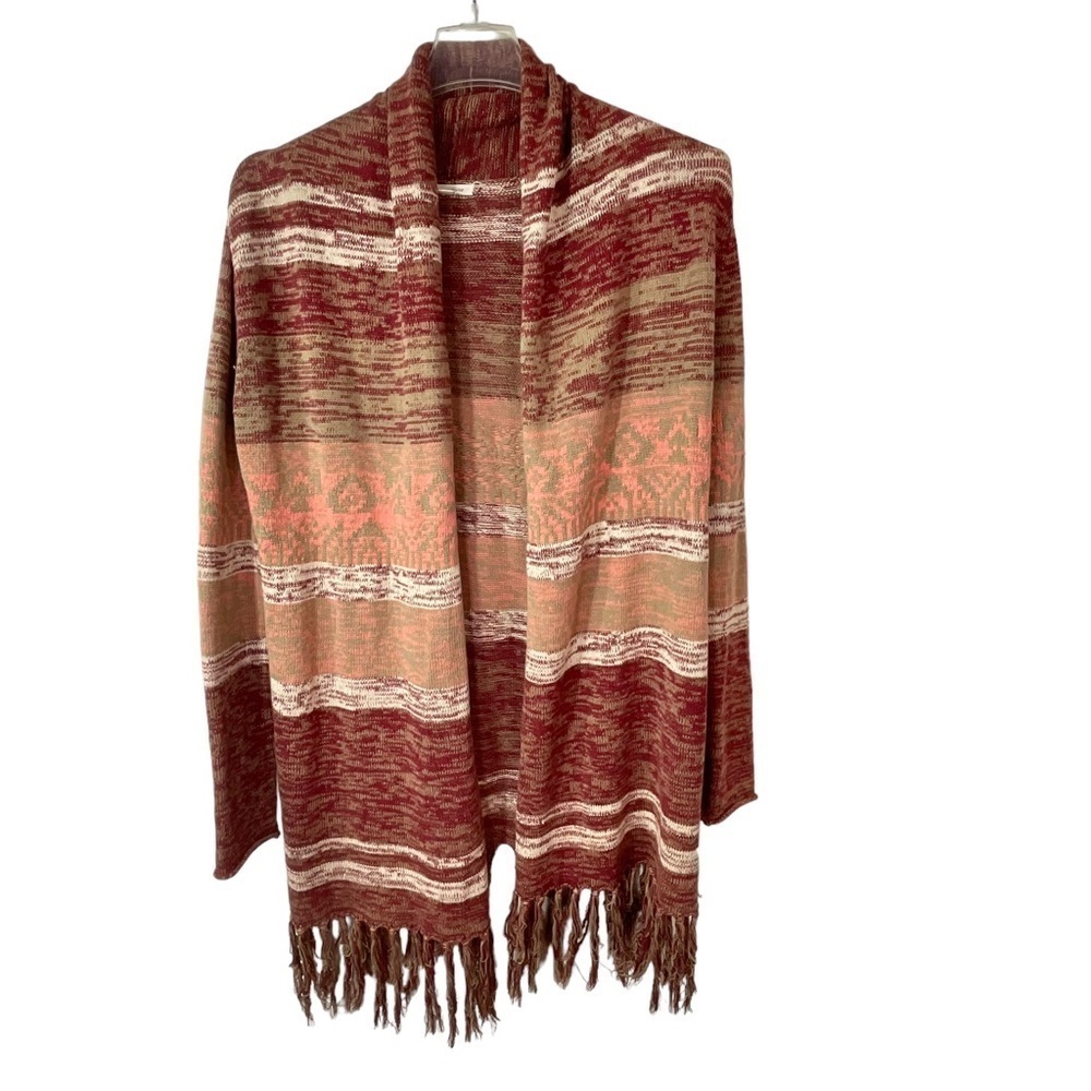 Tea n Rose Sweater Tan Red Fringe Boho Striped Knit Longsleeve Size Small